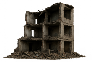Decaying concrete structure symbolizing urban deterioration, rendered with transparent backdrop for seamless design integration