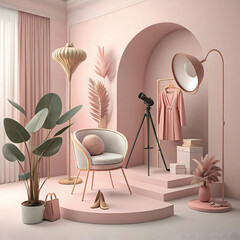 3D background stylist scene with soft lighting minimalist design high-detail props and pink tones