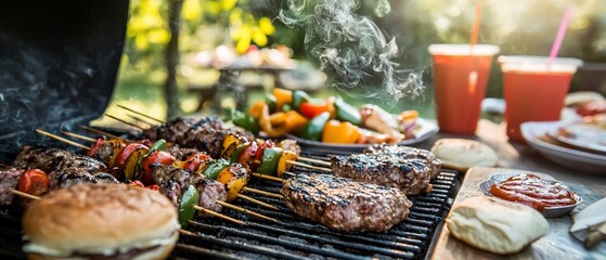 Outdoor Barbecue Feast with Grilled Kebabs and Burgers