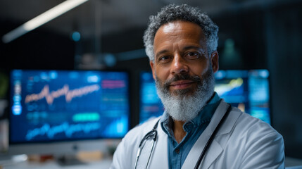 Portrait of a doctor with stethoscope wearing a white coat in front of computer screens showing graphs