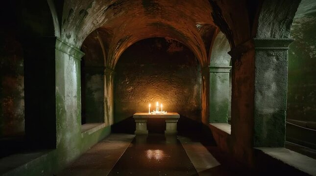 Secret Sanctuary: A clandestine chamber exudes an aura of serenity, enhanced by soft, ambient lighting from a grouping of candles, revealing details in a gothic architectural setting.