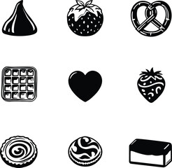 Whimsical Sweets Grid Monochrome Icons Featuring Chocolate Kiss, Dipped Strawberry, Pretzel, Waffle, Tart, Swirl Cookie, and Heart