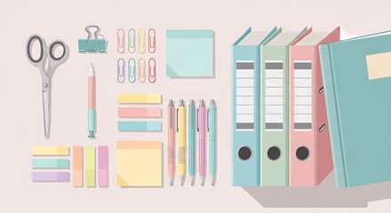 An assortment of colorful office supplies, including scissors, pens, binders, and sticky notes, arranged on a light background.