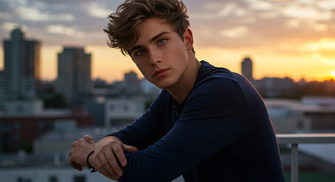 young man with messy brown hair wearing navy sweater leaning on balcony railing at sunset city skyline in background relaxed thoughtful casual outdoor portrait modern vibe - Powered by Adobe