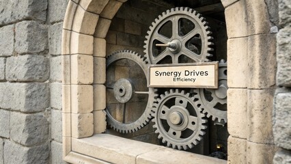 Obraz premium Industrial Gears and Cogs Inside Architectural Stone Frame