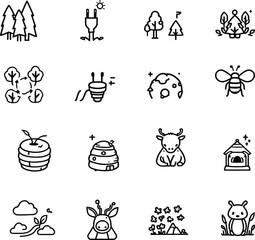 Whimsical Nature & Habitat Grid  Monochrome Icons Featuring Solar Plug, Bee, Cow, Giraffe, Tree Cycles, Flowers, Planet, and Eco Shelters