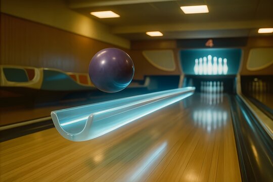 Levitating Bowling Ball Over Futuristic Glow Track in Retro 1960s Alley With Projected Pins