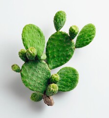 A vibrant, fresh prickly pear cactus cutting, showcasing several succulent pads and immature buds, rests on a clean, light gray background