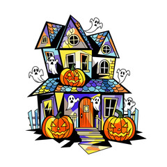 Colorful haunted house with pumpkins and ghosts for Halloween  