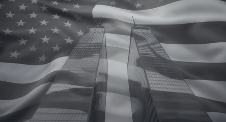 Remembering 9/11 A Patriot Day tribute with the Twin Towers and American flag, reflecting on the solemn anniversary of 9/11.