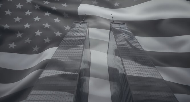 Remembering 9/11 A Patriot Day tribute with the Twin Towers and American flag, reflecting on the solemn anniversary of 9/11.