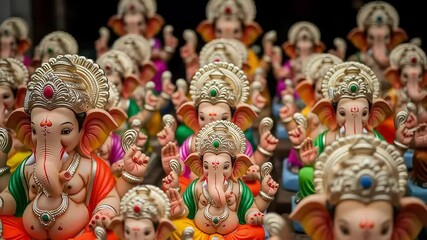 Close-up View of Vibrant Ganesh Statues Displayed at an Indian Religious Market with Elaborate Decorations