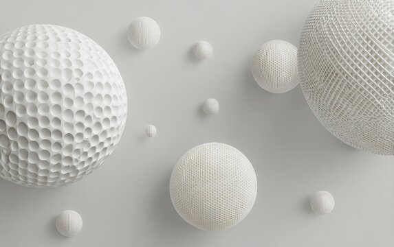 A collection of off-white spheres, varying in size and texture, some dimpled and others with a lattice pattern, scattered on a light gray background
