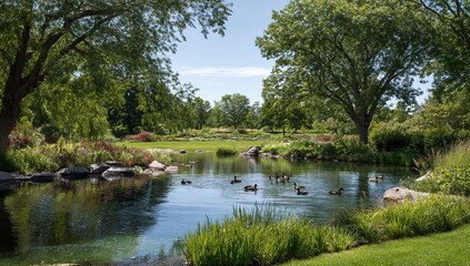 Serene Park Landscape with Ducks on Pond, Green Grass, and Blooming Trees Under Clear Blue Sky