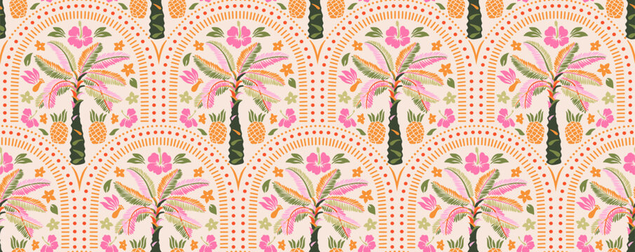 Hand drawn palm tree damask seamless pattern. colorful hawaiian print, summer holiday background in vintage style. Tropical plant painting. Design for fabric, textile, wallpaper and decoration.