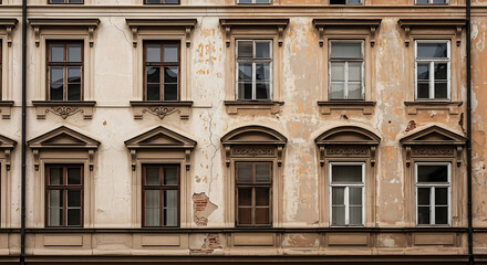 Facade of an old building with multiple windows, showcasing architectural details and weathered textures on the exterior wall.