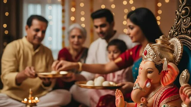 Family Gathering Celebrating Hindu Festival with Statue in foreground