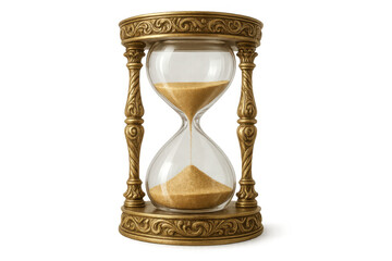 Elegant hourglass with gold sand flowing, symbolizing time passing, on a transparent background