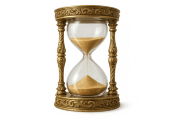 Elegant hourglass with gold sand flowing, symbolizing time passing, on a transparent background