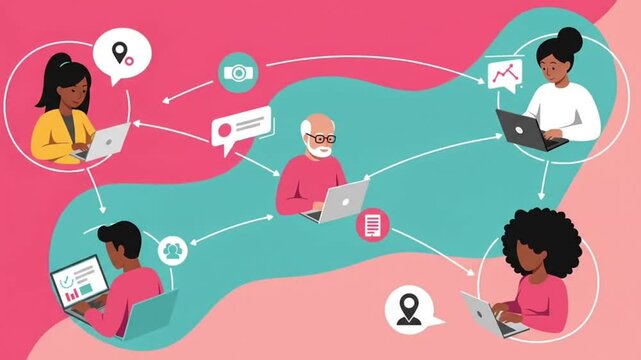 Remote work collaboration illustration, diverse people connected by digital lines and icons, abstract background, flat vector style, bright colors