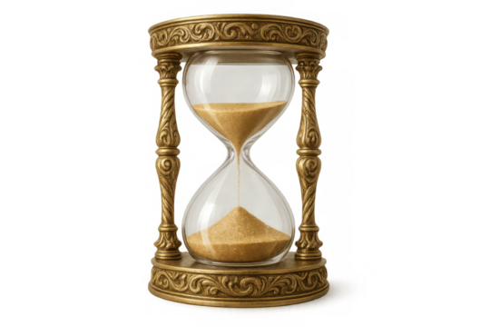Elegant hourglass with gold sand flowing, symbolizing time passing, on a transparent background - Powered by Adobe