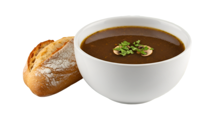 Delicious mushroom soup recipe with bread bowl and fresh parsley garnish for dinner or lunch idea 100 isolated on transparent background