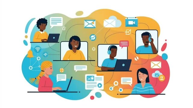Remote work collaboration illustration, diverse people connected by digital lines and icons, abstract background, flat vector style, bright colors