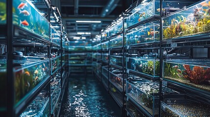 Rows of Illuminated Aquariums Filled with Colorful Fish in a Darkened Store