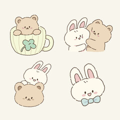 Bunny and Bear Friendship Character Set, Hugging Bunny and Bear, Cute Animal Themes,