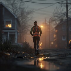 Runner in a Misty Suburban Street at Dusk