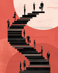 Abstract staircase with diverse symbolic figures ascending, representing career growth
