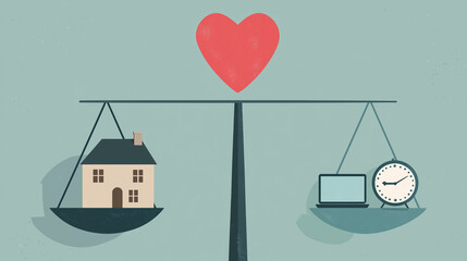 Stylized scale balancing work-life symbols: home, heart, laptop, clock 
