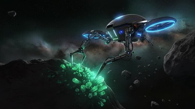 Futuristic extraterrestrial mining robot harvesting crystals on an asteroid in deep space