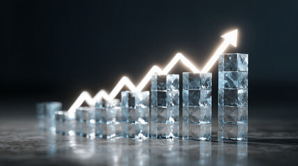 A rising bar graph made from crystal pillars with glowing upward arrows 
