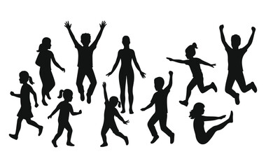 Set of Children Playing and Jumping Silhouettes – Fun and Energetic Kids in Motion Vector Icons

