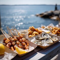 Seafood Feast: Grilled Shrimp Skewers, Fried Calamari, and Fresh Oysters by the Sparkling Sea