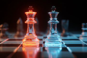 Two stylized chess kings facing each other on a glowing futuristic board 

