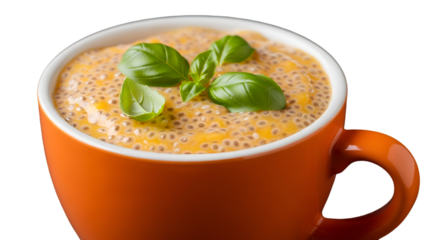 Enjoy a healthy breakfast with delicious mango chia seed pudding in orange mug for wellness diet plan isolated on transparent background