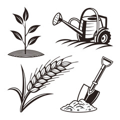 Collection of agricultural icons featuring a plant seedling watering can wheat stalk and shovel