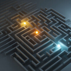 Minimalist maze with three glowing dots racing toward the center 
