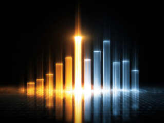 Bar chart with one bar far surpassing others, glowing with radiant energy
