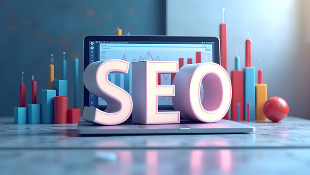 3D SEO optimization with browser and web analytics strategy illustration with automated reporting
