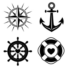 Marine heart icon set of anchor and compass vector.