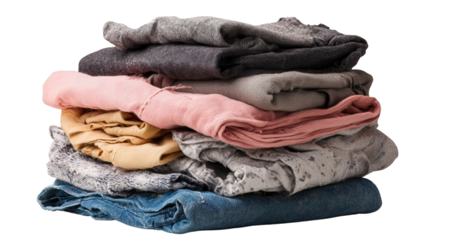 Worn-out clothes folded for textile recycling background isolated on a Transparent background, PNG file.