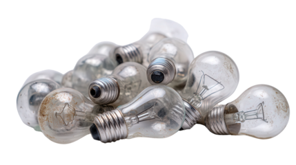Used light bulbs ready for recycling background isolated on a Transparent background, PNG file.