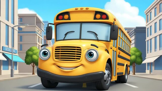 A cheerful cartoon school bus rides along a city street, symbolizing education and childhood. A bright yellow bus with a friendly face moves through the city. Ideal for children's content.