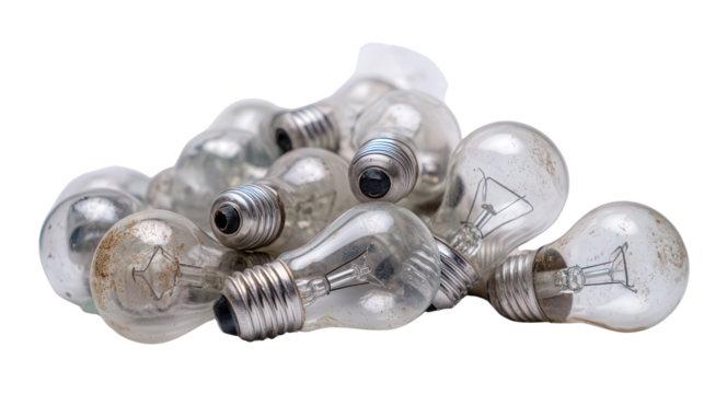 Used light bulbs ready for recycling background isolated on a Transparent background, PNG file. - Powered by Adobe