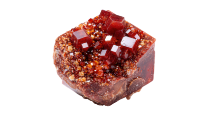 Vanadinite red hexagonal mineral lump background isolated on a Transparent background, PNG file.