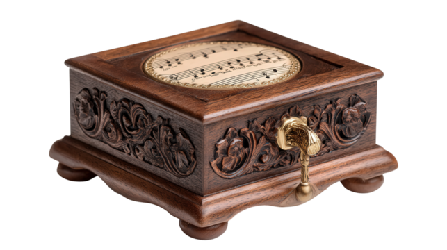 Vintage wooden music box background isolated on a Transparent background, PNG file.
