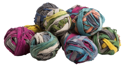 Waste textiles rolled into balls background isolated on a Transparent background, PNG file.